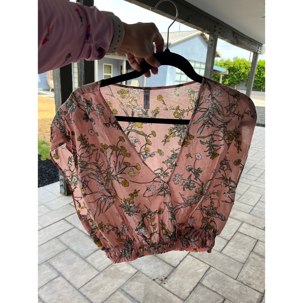 Feminine Pink Floral Crop Top Wrap V-Neck Smocked Blouse Boho Summer Festival L
